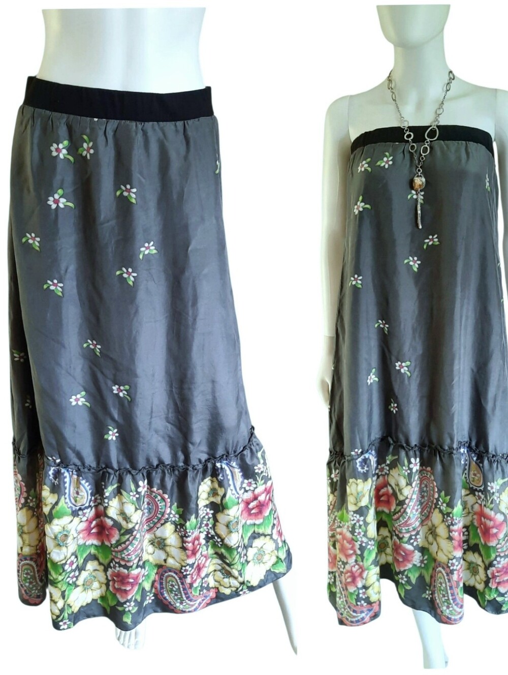 JOHNNY WAS Grey Floral Paisley Silk Elastic Waist Tiered Maxi Boho Skirt Sz M